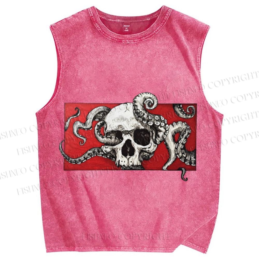 Unisex Vintage Skull Octopus Printed Washed Tank Top