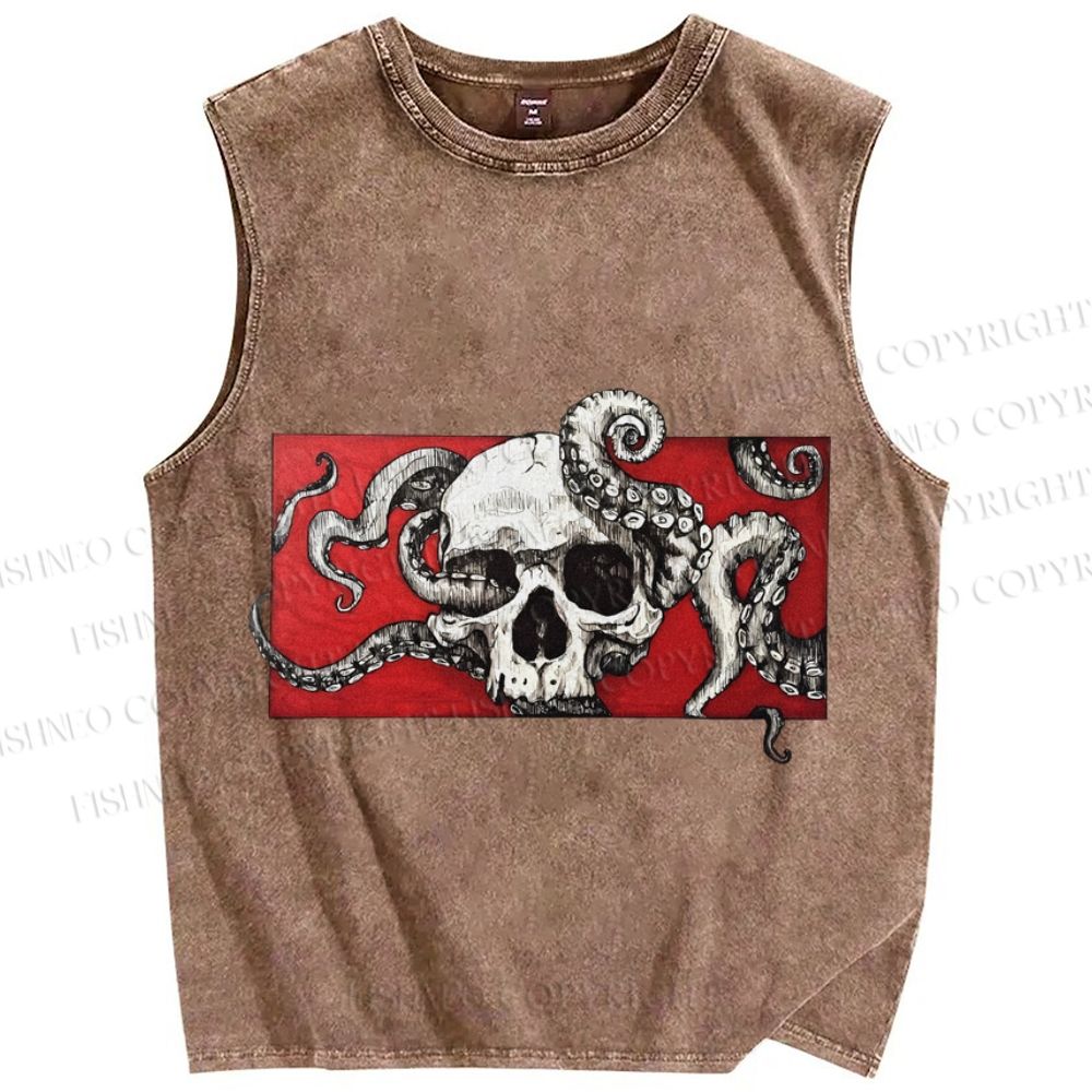 Unisex Vintage Skull Octopus Printed Washed Tank Top