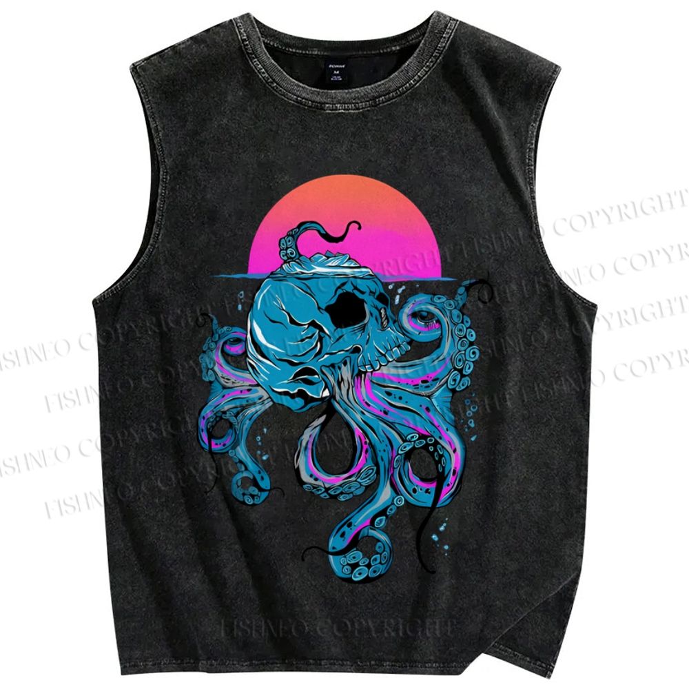 Unisex Vintage Skull Octopus Under The Sea Printed Washed Tank Top