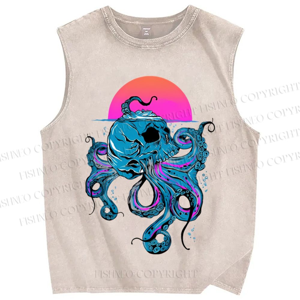 Unisex Vintage Skull Octopus Under The Sea Printed Washed Tank Top
