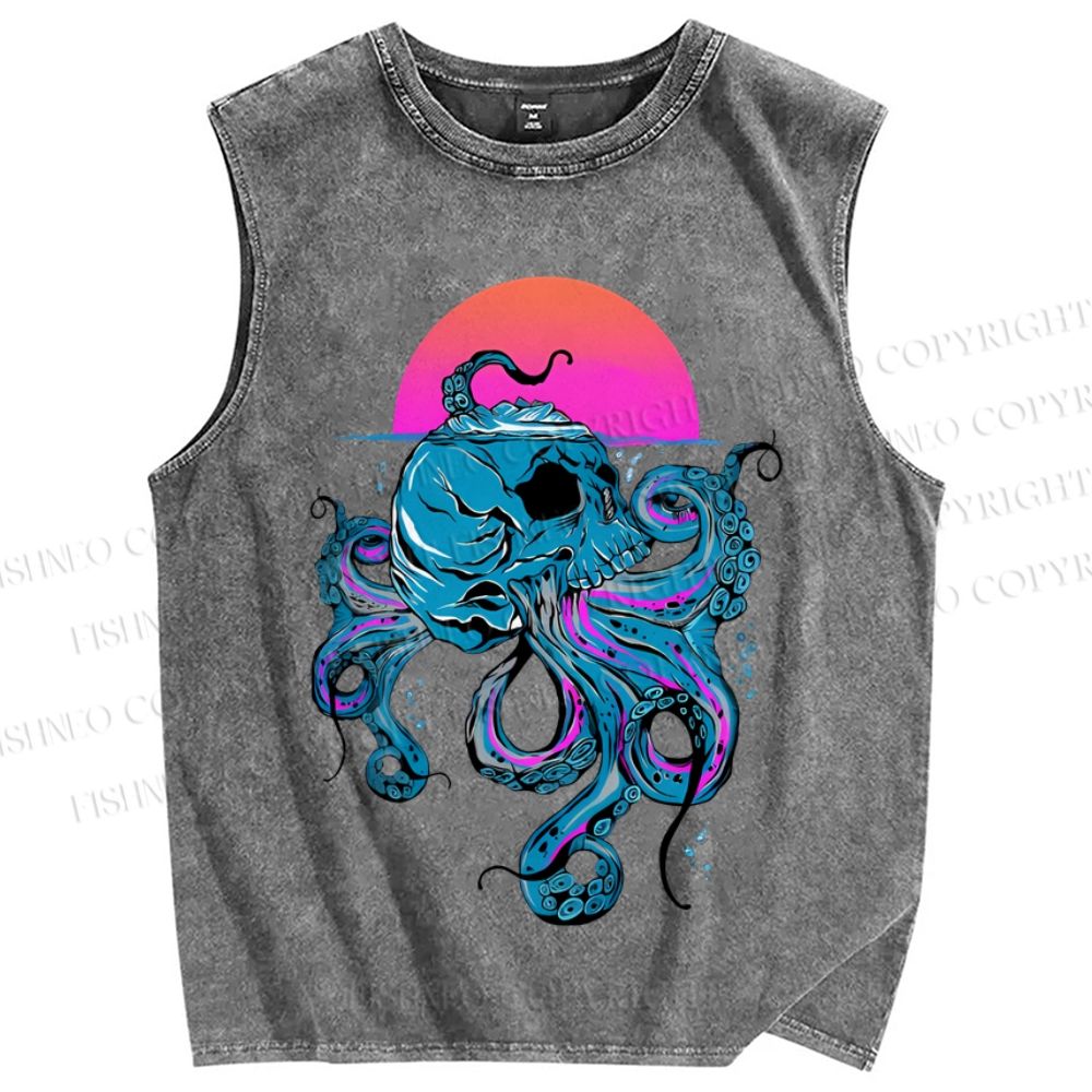 Unisex Vintage Skull Octopus Under The Sea Printed Washed Tank Top