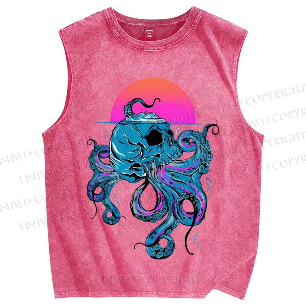 Unisex Vintage Skull Octopus Under The Sea Printed Washed Tank Top