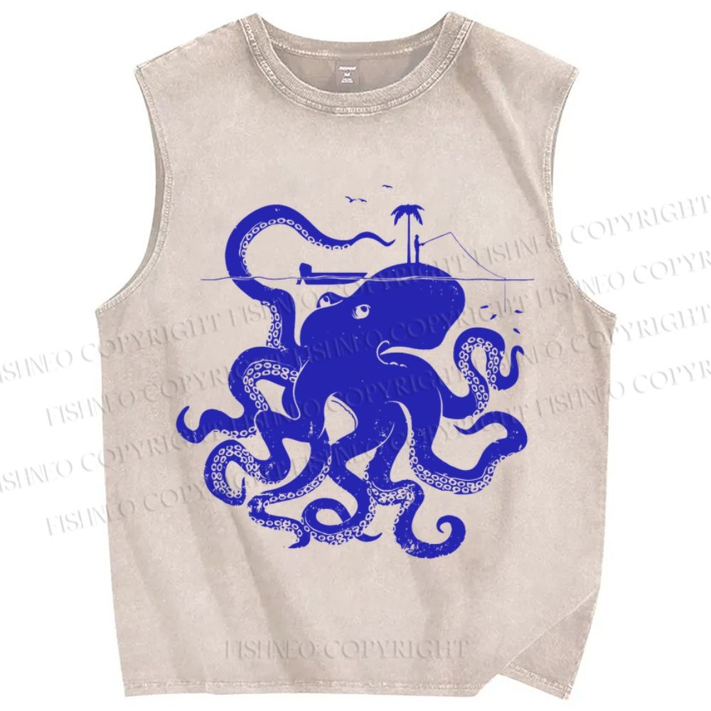 Unisex  Vintage Octopus Under The Sea Printed Washed Tank Top