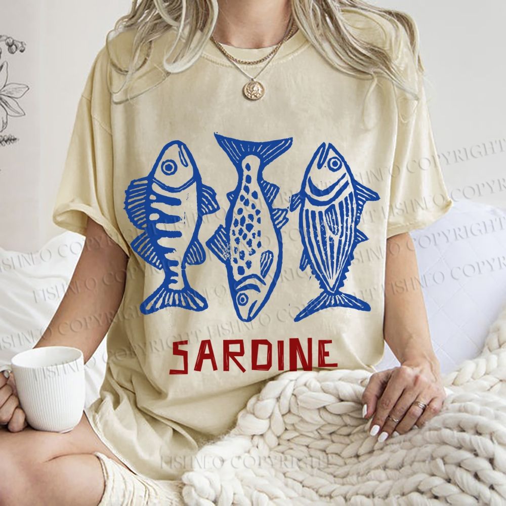 Unisex Vintage Sardine Printed Washed Tee