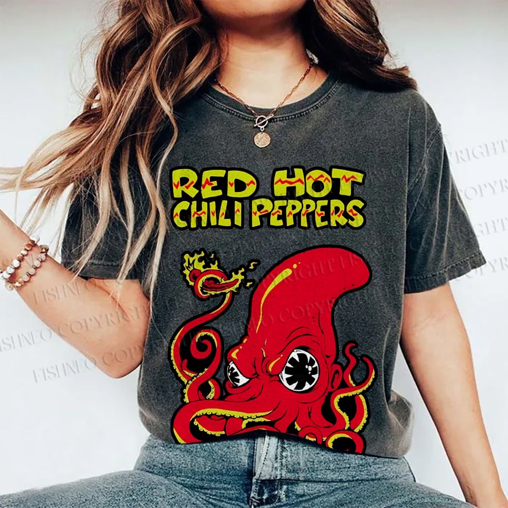 Unisex Vintage Octopus Red Hot Chili Pepper Printed Washed Tee