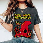 Unisex Vintage Octopus Red Hot Chili Pepper Printed Washed Tee