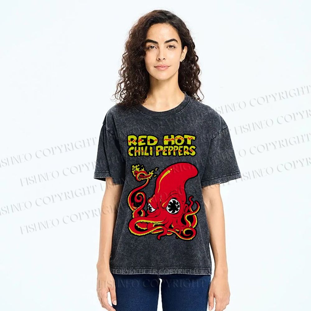 Unisex Vintage Octopus Red Hot Chili Pepper Printed Washed Tee