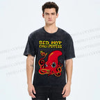 Unisex Vintage Octopus Red Hot Chili Pepper Printed Washed Tee