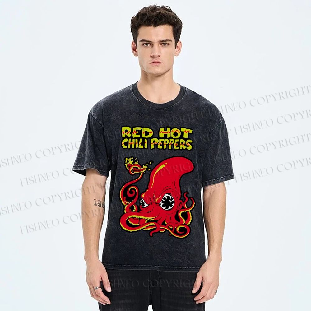 Unisex Vintage Octopus Red Hot Chili Pepper Printed Washed Tee