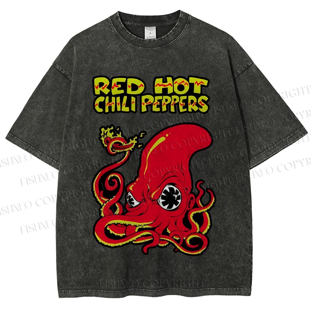 Unisex Vintage Octopus Red Hot Chili Pepper Printed Washed Tee
