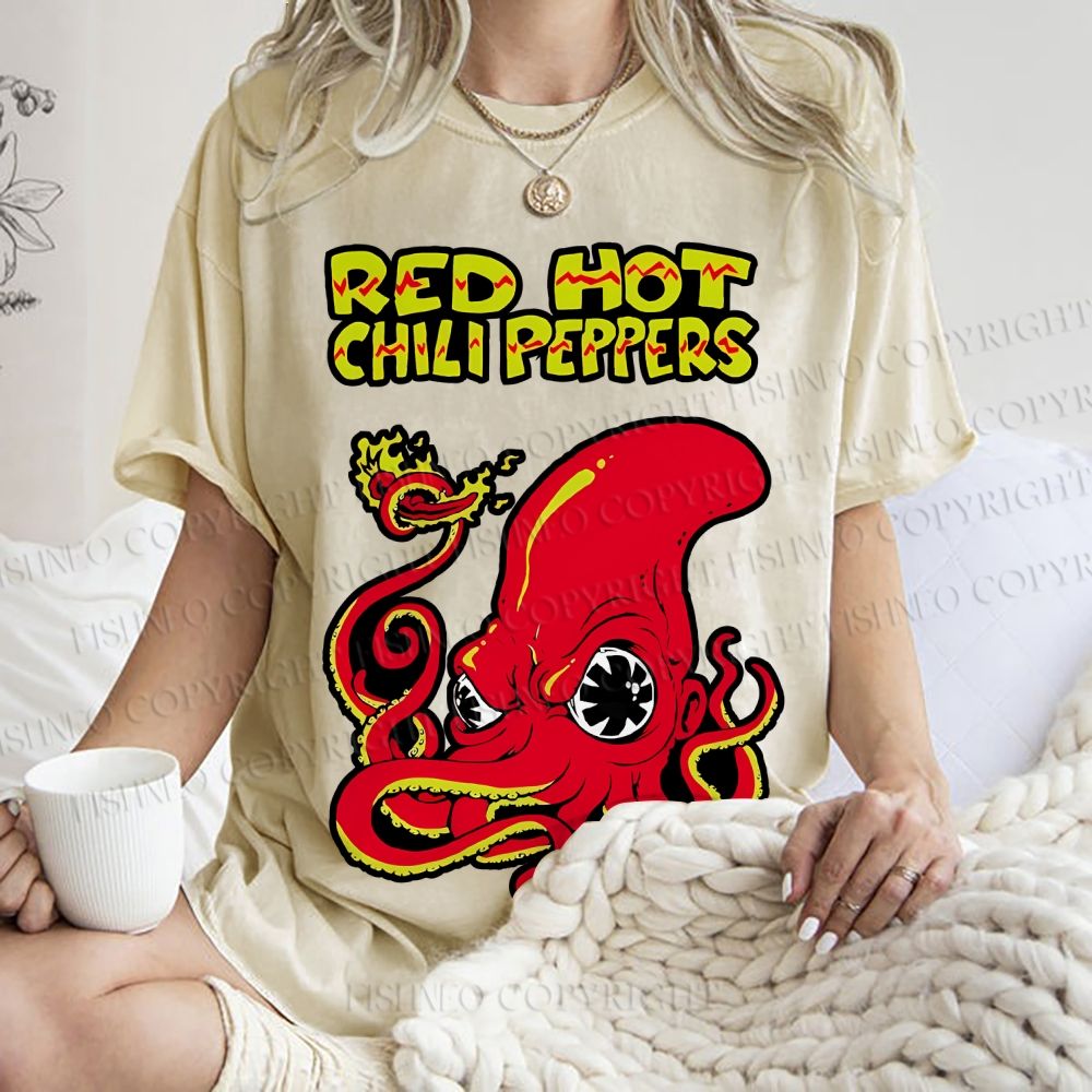 Unisex Vintage Octopus Red Hot Chili Pepper Printed Washed Tee
