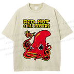 Unisex Vintage Octopus Red Hot Chili Pepper Printed Washed Tee