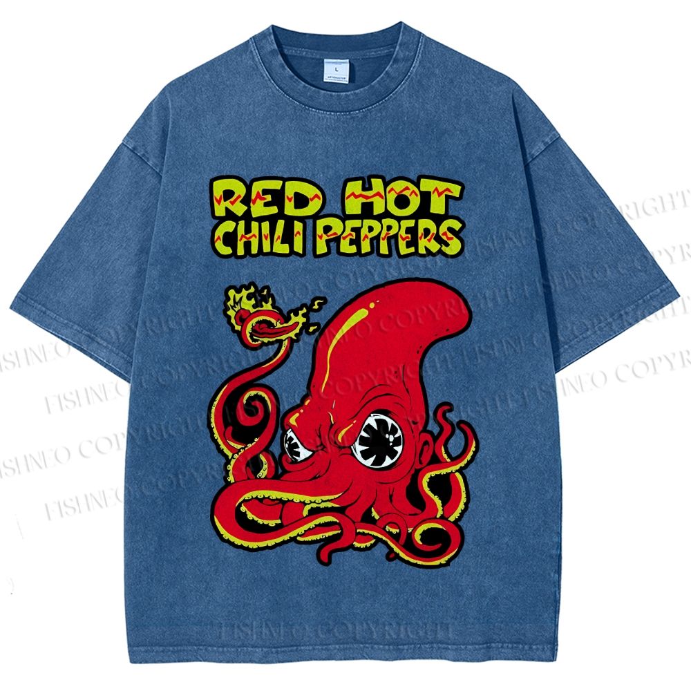 Unisex Vintage Octopus Red Hot Chili Pepper Printed Washed Tee