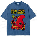 Unisex Vintage Octopus Red Hot Chili Pepper Printed Washed Tee