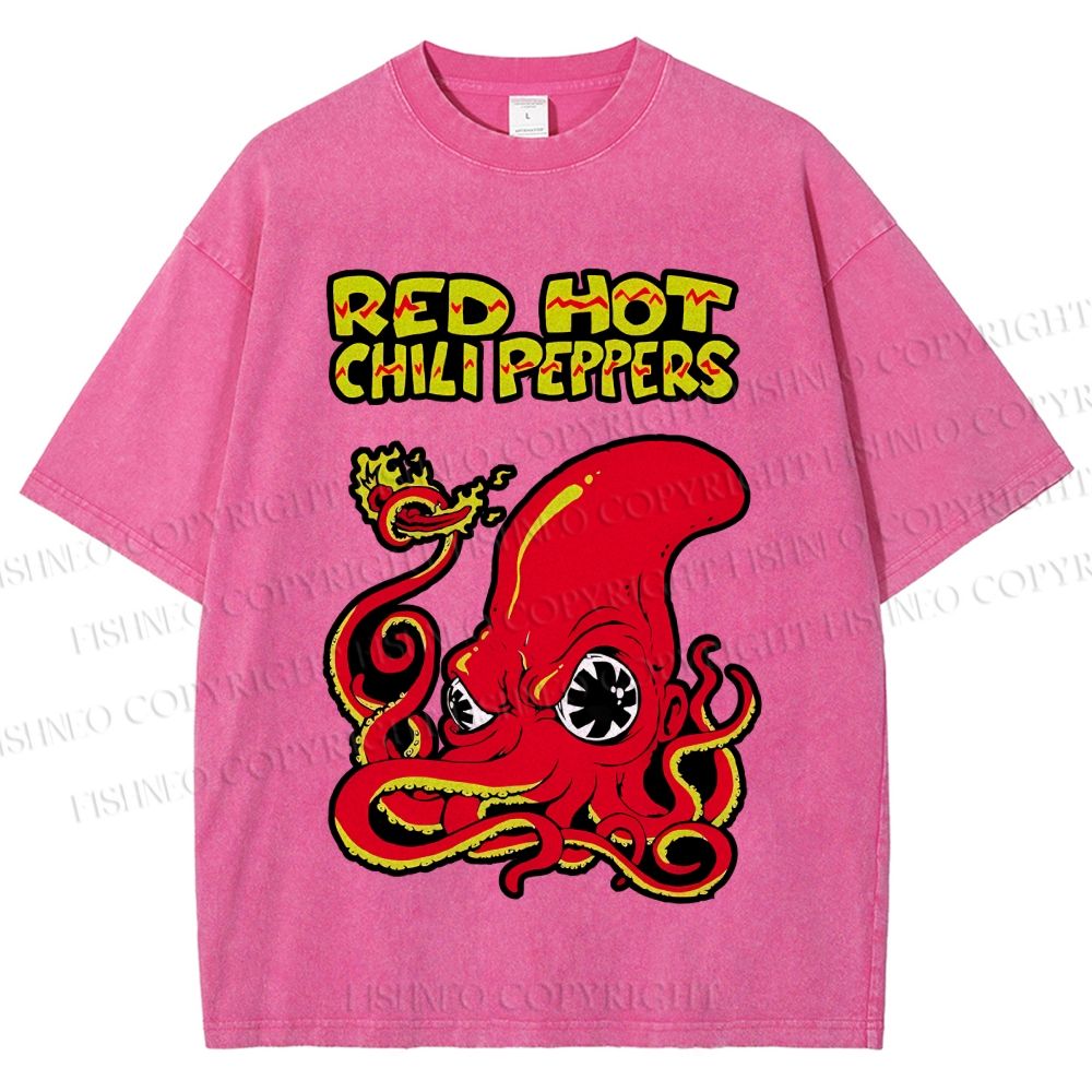 Unisex Vintage Octopus Red Hot Chili Pepper Printed Washed Tee