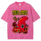 Unisex Vintage Octopus Red Hot Chili Pepper Printed Washed Tee