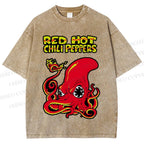 Unisex Vintage Octopus Red Hot Chili Pepper Printed Washed Tee