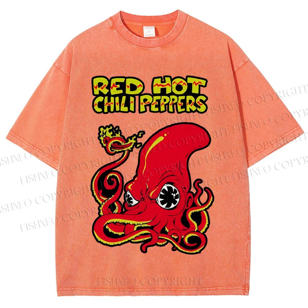 Unisex Vintage Octopus Red Hot Chili Pepper Printed Washed Tee