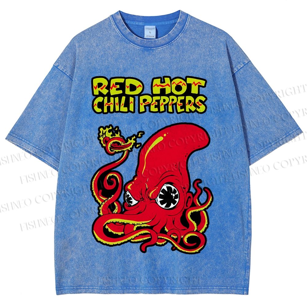Unisex Vintage Octopus Red Hot Chili Pepper Printed Washed Tee