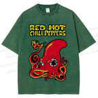 Unisex Vintage Octopus Red Hot Chili Pepper Printed Washed Tee