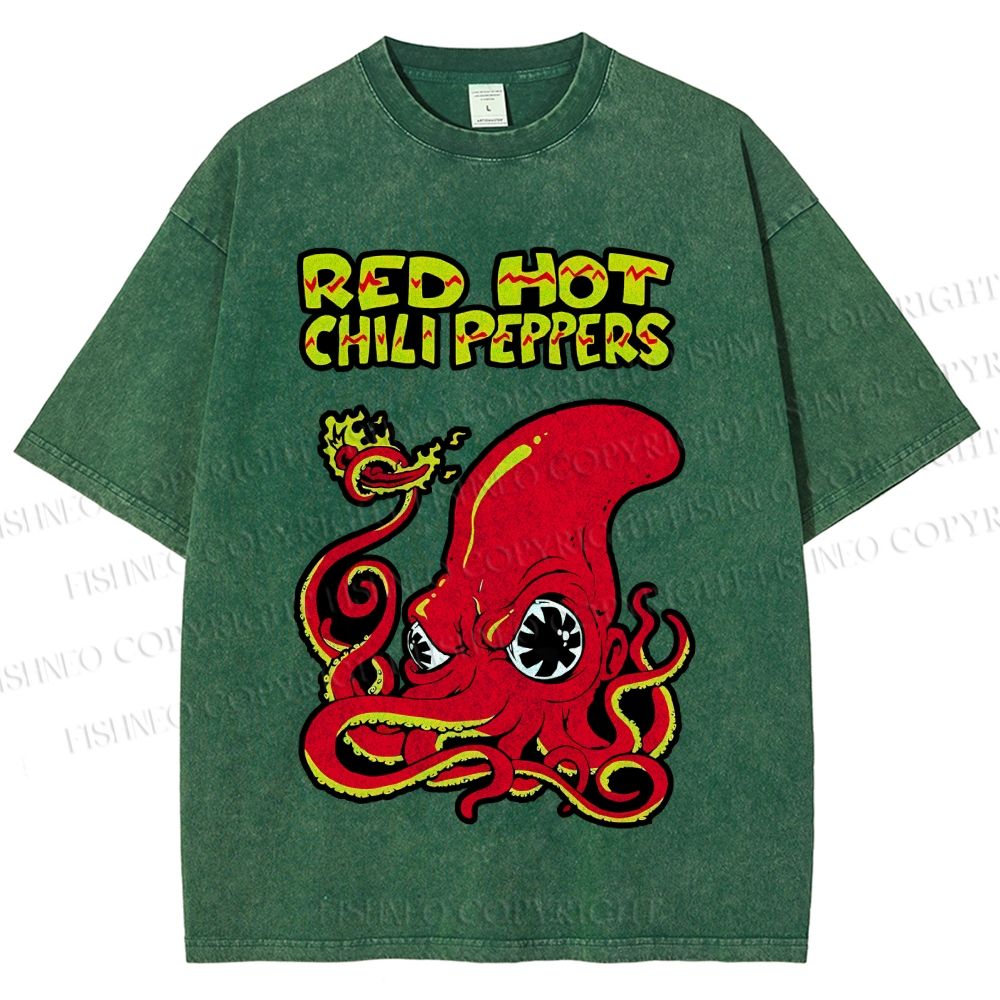Unisex Vintage Octopus Red Hot Chili Pepper Printed Washed Tee