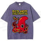 Unisex Vintage Octopus Red Hot Chili Pepper Printed Washed Tee
