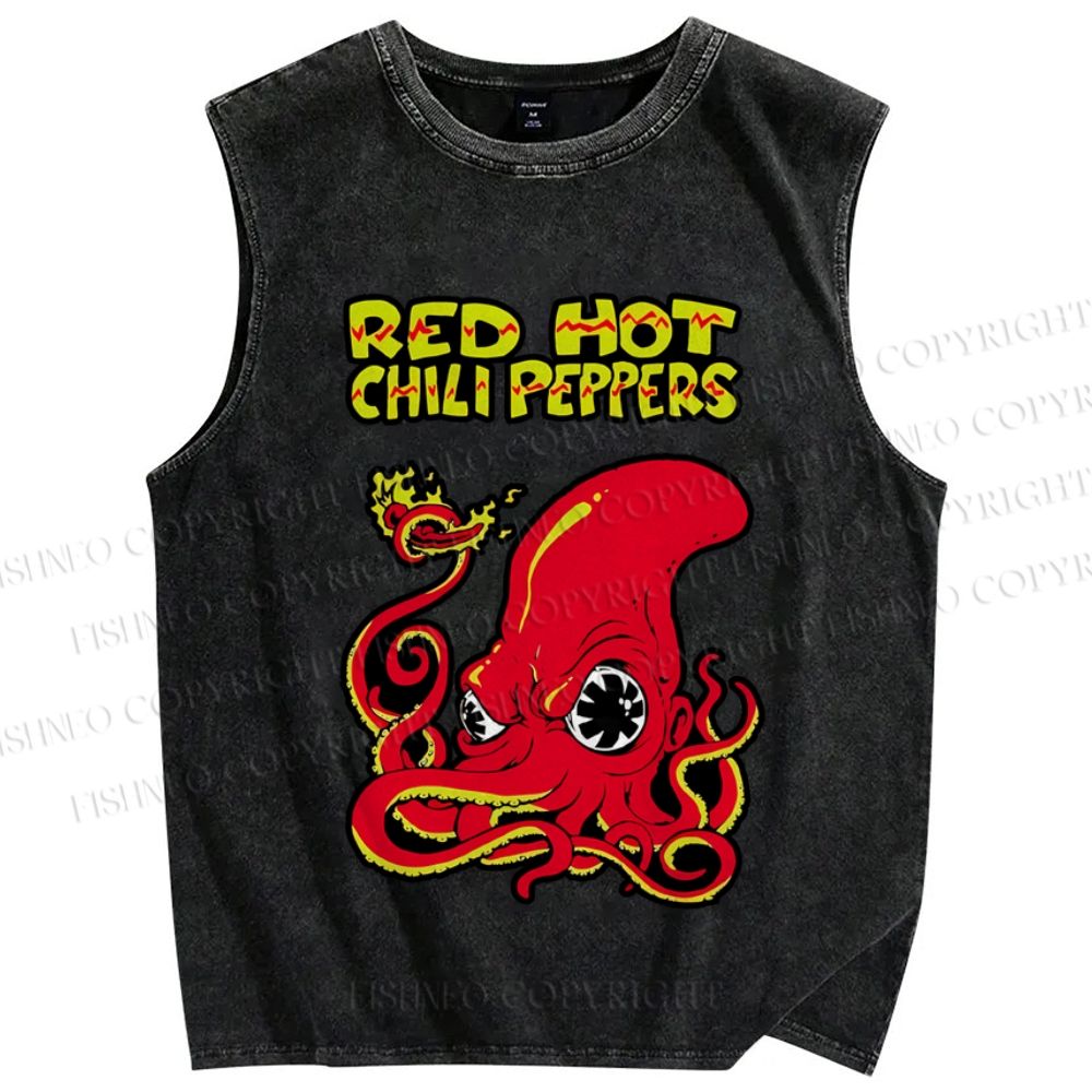 Unisex Vintage Octopus Red Hot Chili Pepper Printed Washed Tank Top