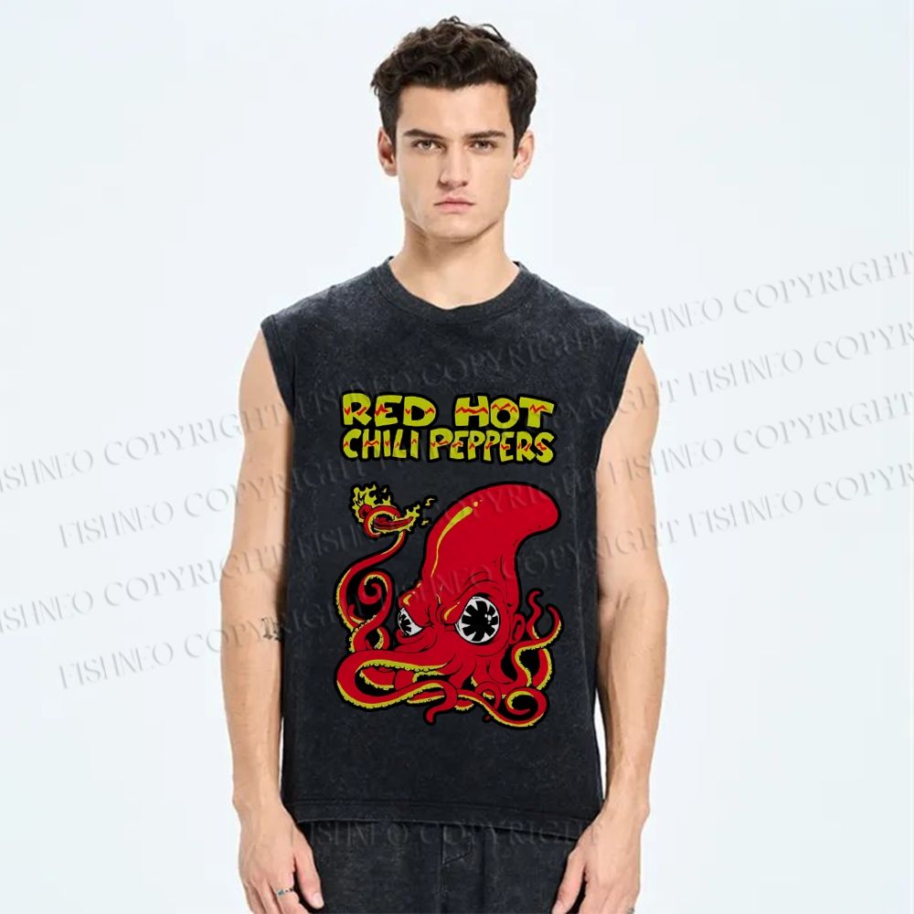 Unisex Vintage Octopus Red Hot Chili Pepper Printed Washed Tank Top
