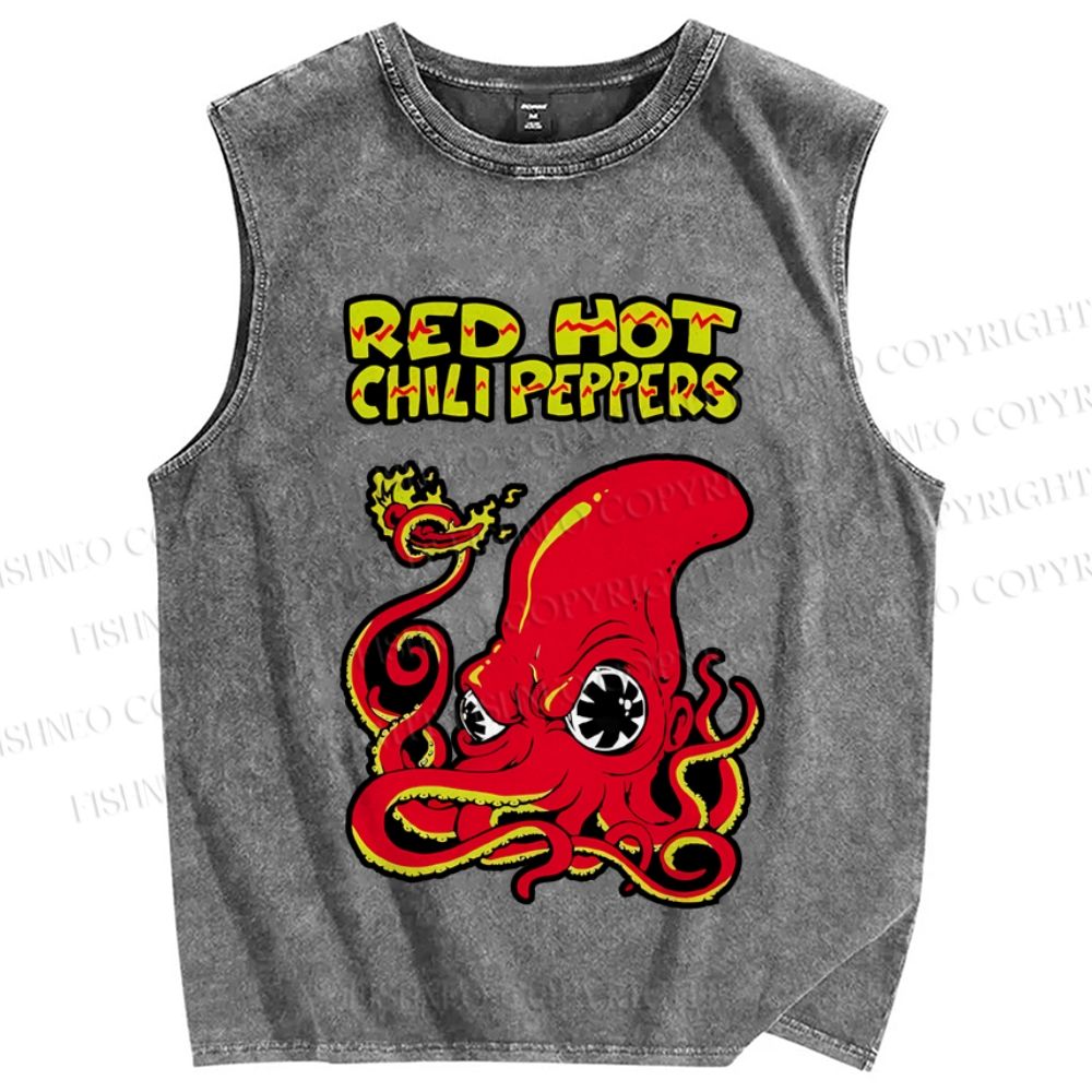 Unisex Vintage Octopus Red Hot Chili Pepper Printed Washed Tank Top
