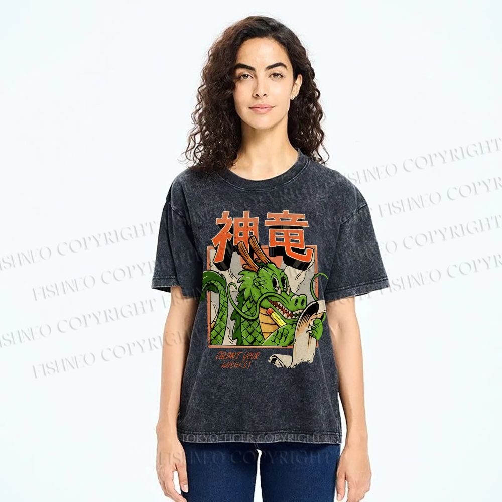 Unisex Dragon Printed Washed Tee