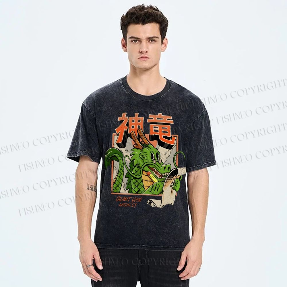 Unisex Dragon Printed Washed Tee