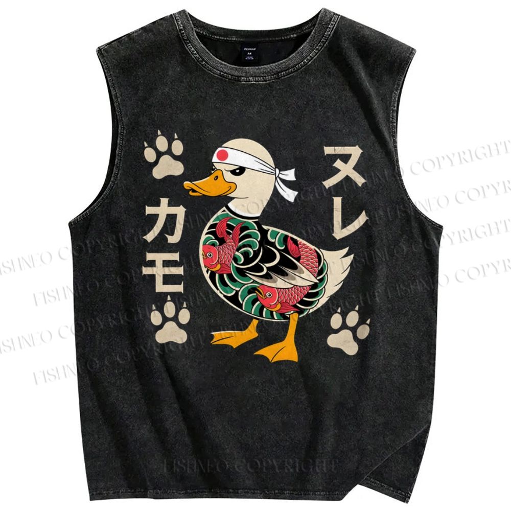 Unisex Vintage Japanese Duck Printed Washed Tank Top