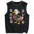 Unisex Vintage Japanese Duck Printed Washed Tank Top