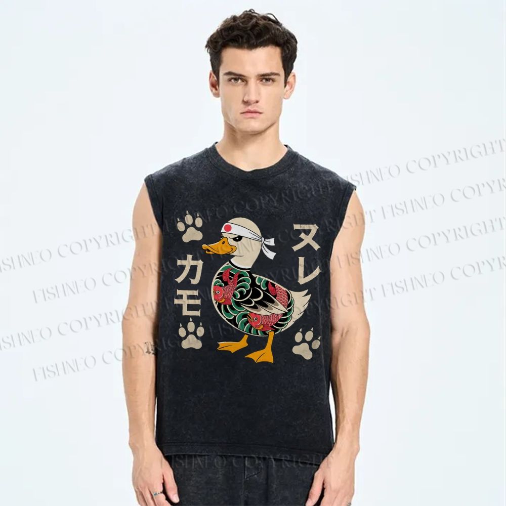Unisex Vintage Japanese Duck Printed Washed Tank Top