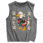 Unisex Vintage Japanese Duck Printed Washed Tank Top