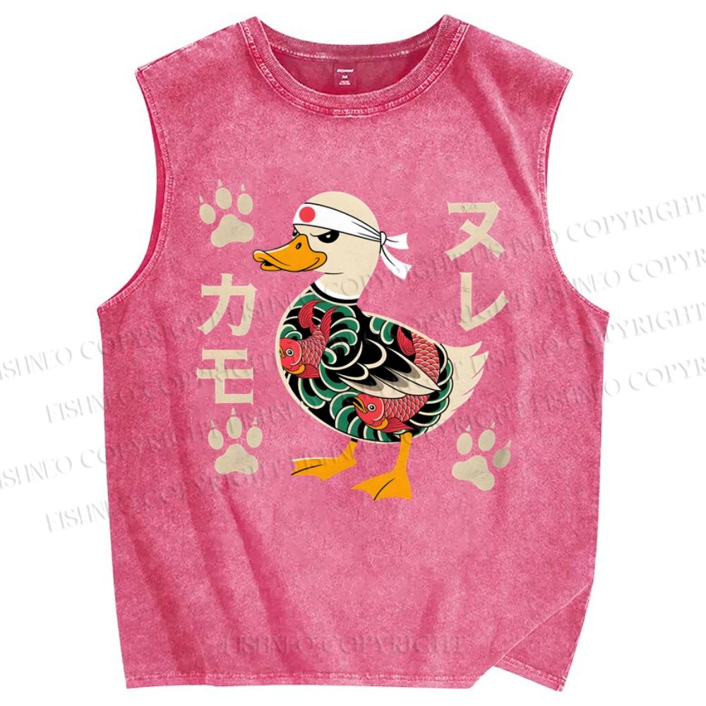 Unisex Vintage Japanese Duck Printed Washed Tank Top