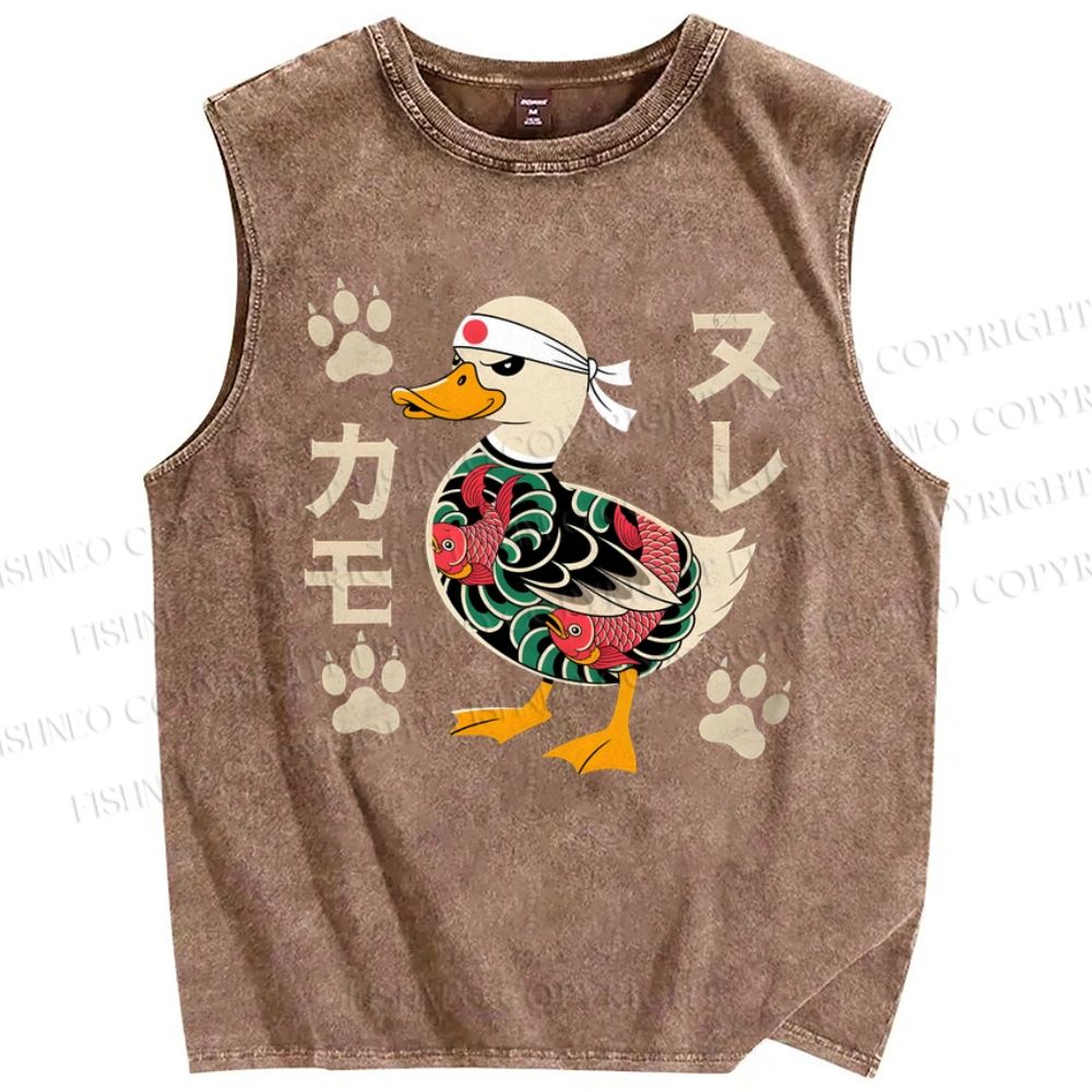 Unisex Vintage Japanese Duck Printed Washed Tank Top