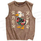 Unisex Vintage Japanese Duck Printed Washed Tank Top