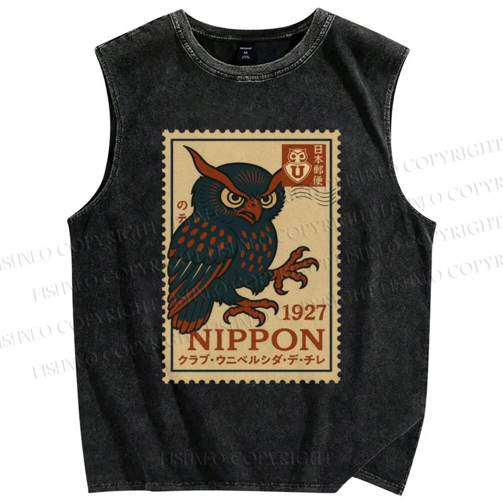Unisex Japanese Stamps Printed Washed Tank Top
