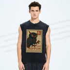 Unisex Japanese Stamps Printed Washed Tank Top