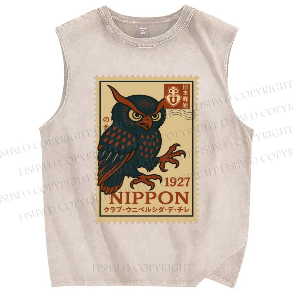 Unisex Japanese Stamps Printed Washed Tank Top