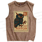 Unisex Japanese Stamps Printed Washed Tank Top