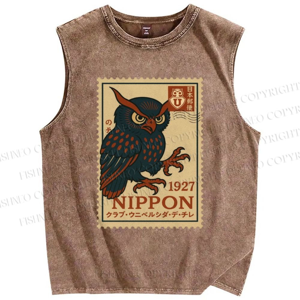 Unisex Japanese Stamps Printed Washed Tank Top