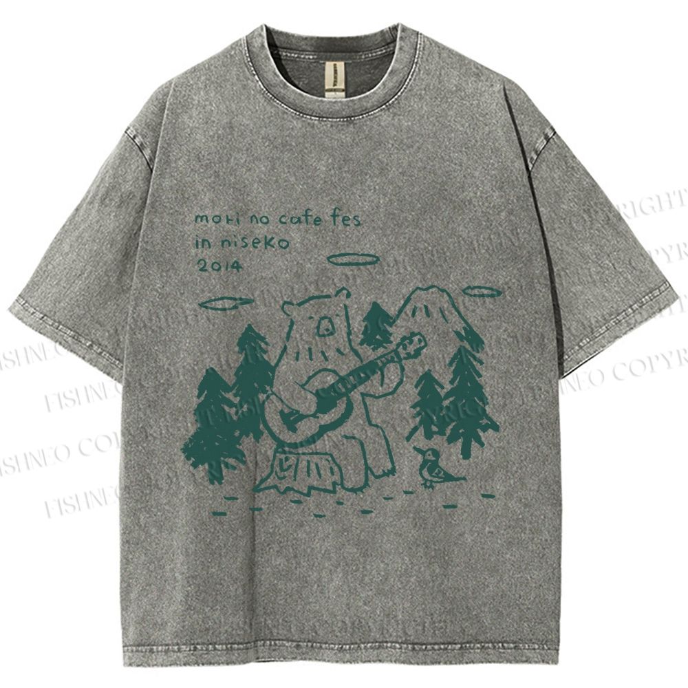 Unisex Forest Bear Playing The Guitar Printed Washed Tee