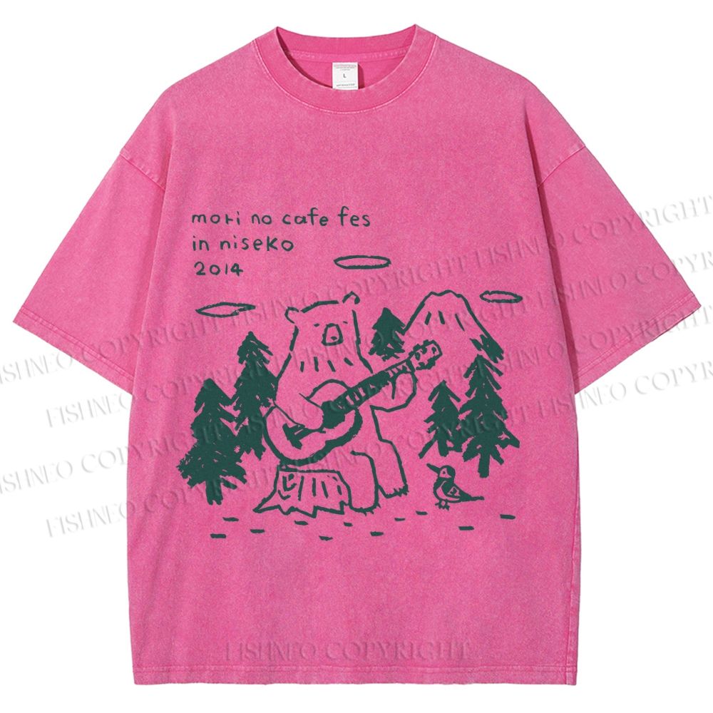 Unisex Forest Bear Playing The Guitar Printed Washed Tee