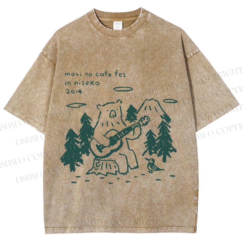 Unisex Forest Bear Playing The Guitar Printed Washed Tee