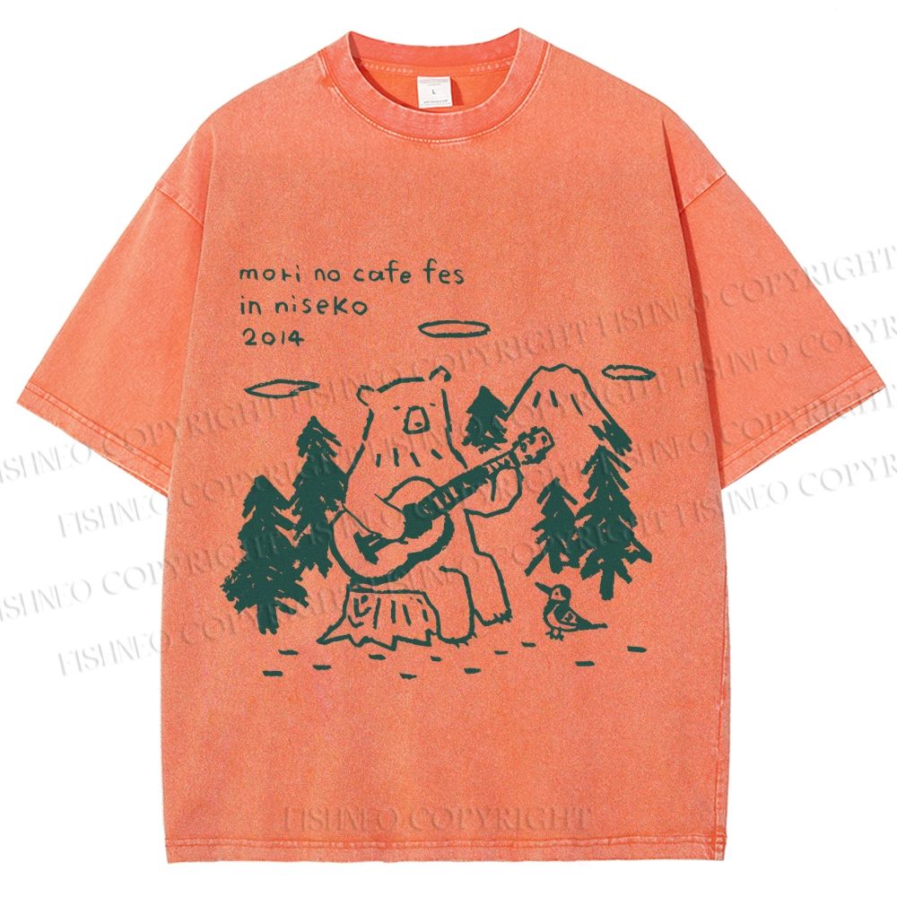 Unisex Forest Bear Playing The Guitar Printed Washed Tee