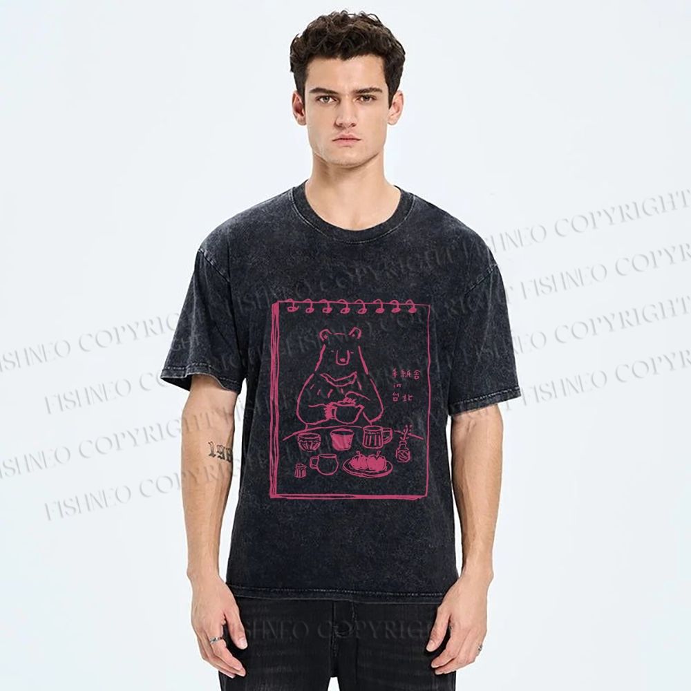Unisex Bear's Tea Time Poster Printed Washed Tee