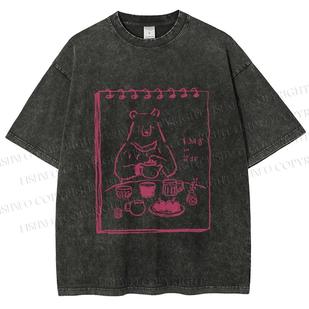 Unisex Bear's Tea Time Poster Printed Washed Tee