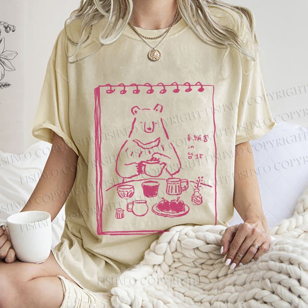 Unisex Bear's Tea Time Poster Printed Washed Tee